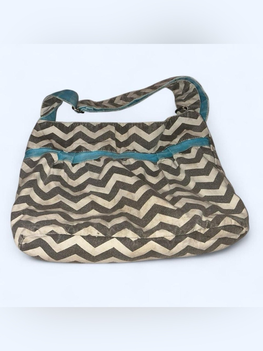 Chevron Pattern Canvas Shoulder Bag with Teal Trim